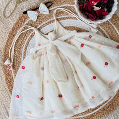 Girls Pure Chanderi Embroidered Frock with Matching Headband
