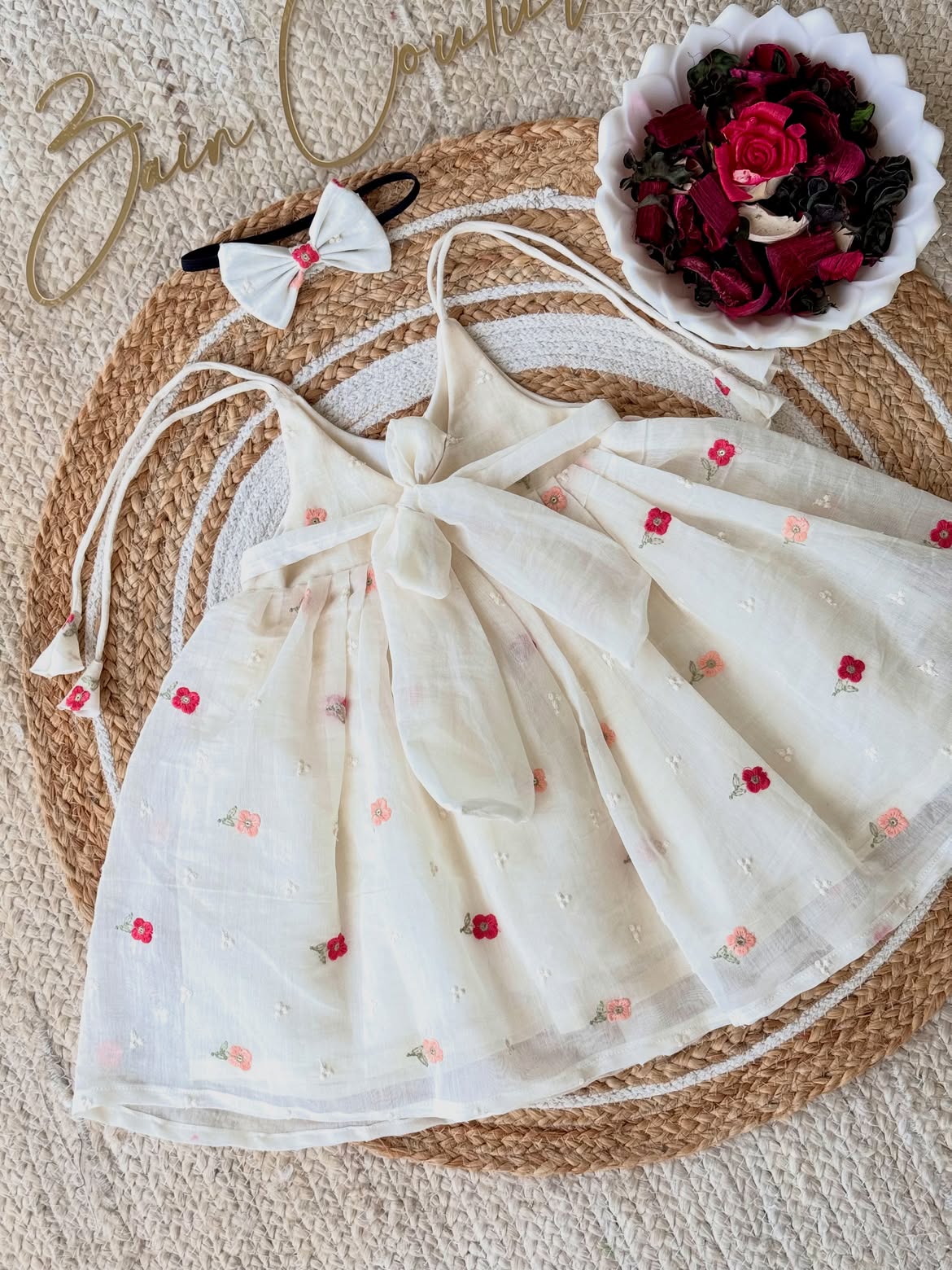 Girls Pure Chanderi Embroidered Frock with Matching Headband