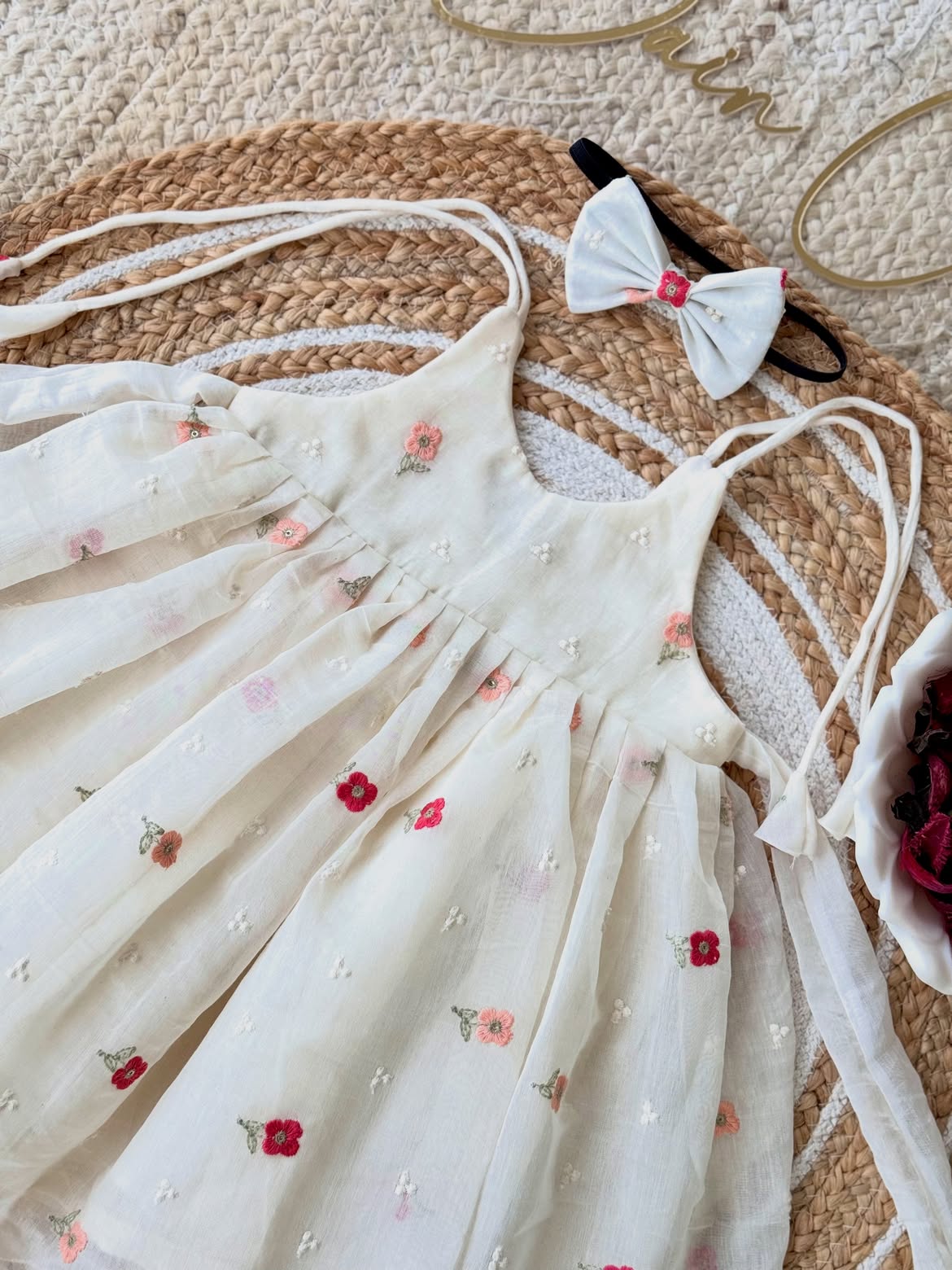 Girls Pure Chanderi Embroidered Frock with Matching Headband