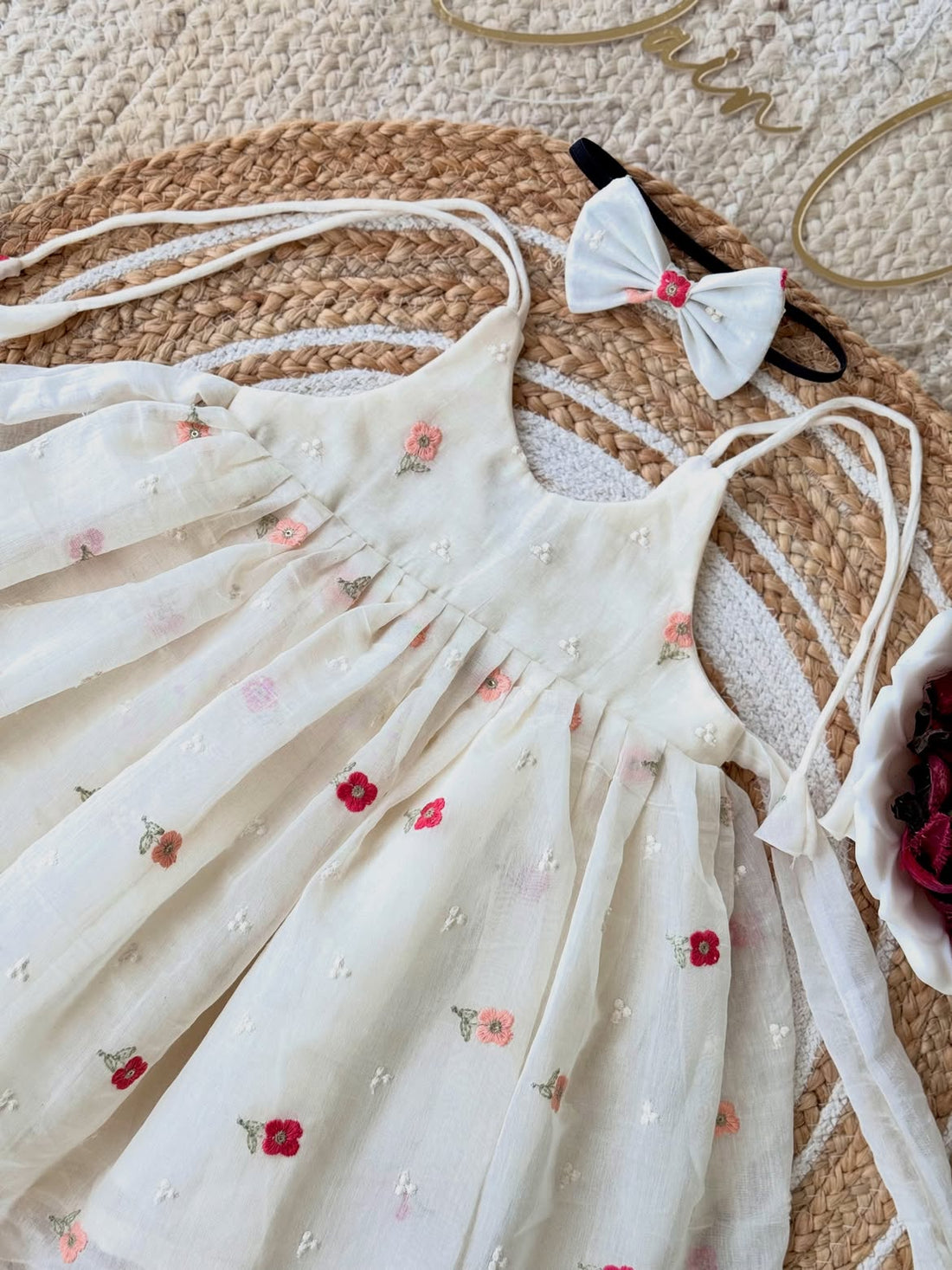 Girls Pure Chanderi Embroidered Frock with Matching Headband