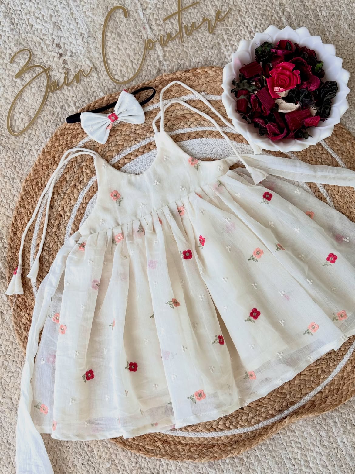 Girls Pure Chanderi Embroidered Frock with Matching Headband