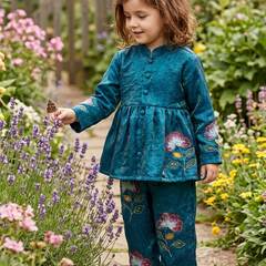 Regal Teal Metallic Fendy Satin Peplum Jacket Set with Hand-Crafted Floral Detail