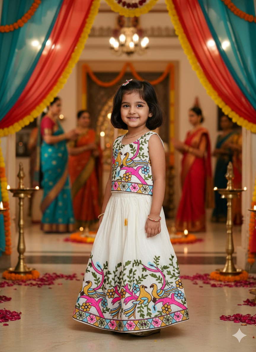 Beautiful Embroidered Kids Lehenga Choli Featuring Vibrant Bird And Floral Motifs