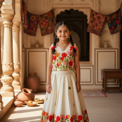 Premium Cotton Silk Flower work Lhengha with Top for kids