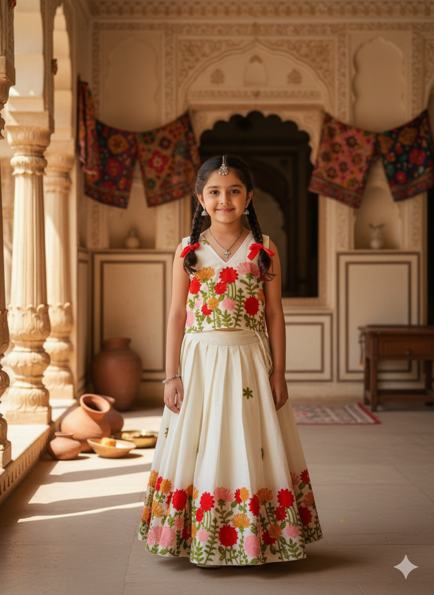 Premium Cotton Silk Flower work Lhengha with Top for kids