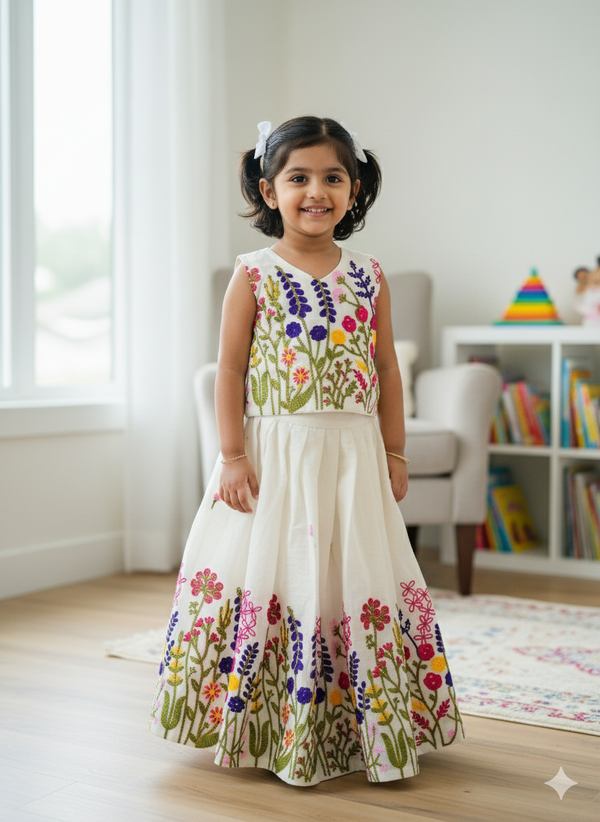 Innovative Flower Work Pure Kora Cotton Lehengha and Top for Kids