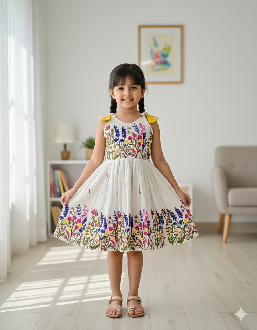 Pure Cotton Embroidered Kids Frock – Multi-color Floral Embroidery Work