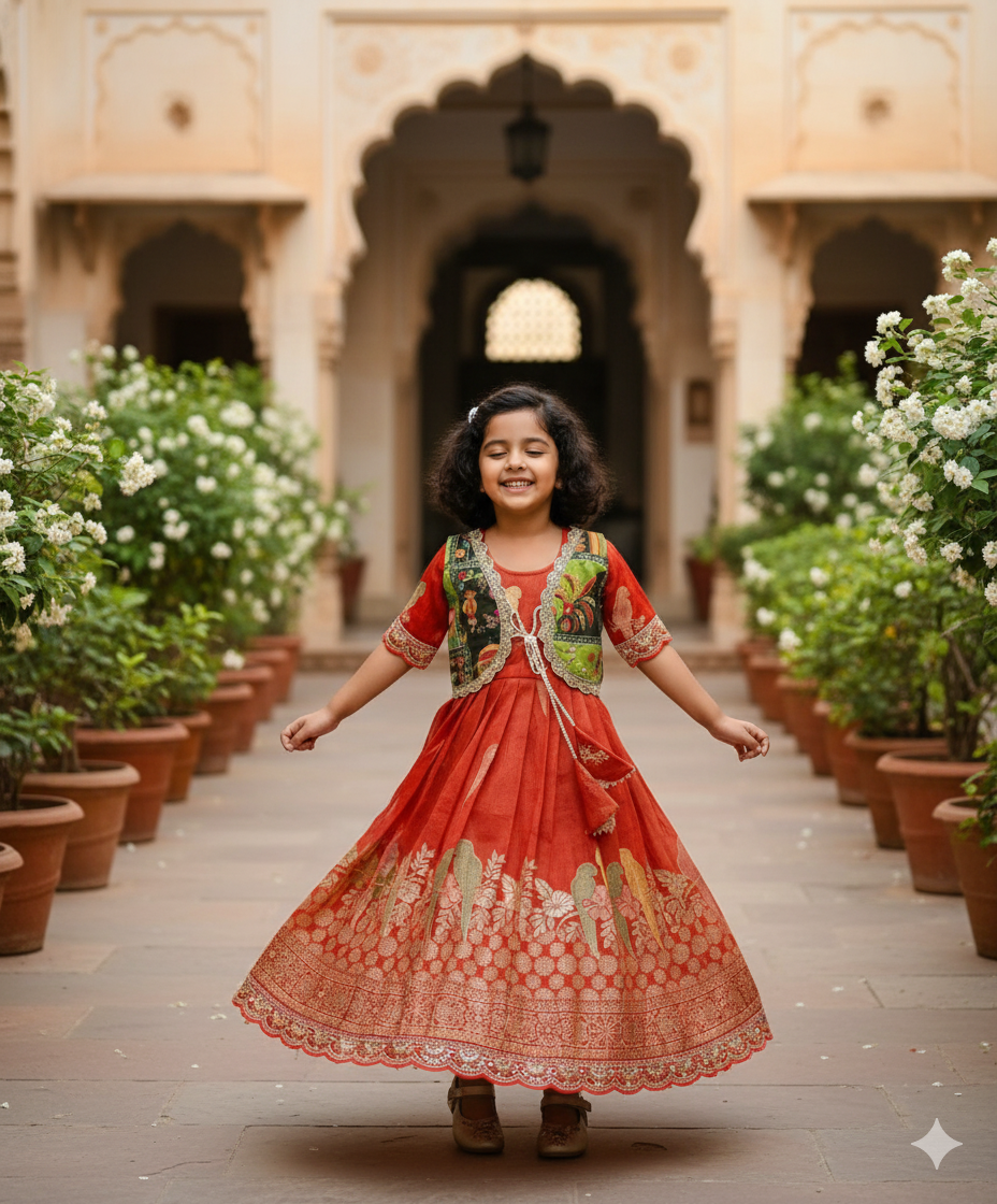 Elegant  Dola Silk Fabric Coti Gown for Girls