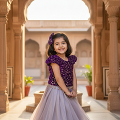 Festive Radiance: Girls' Purple Velvet Floral Sequinned Top & Lavender Twill Net Lehenga Set