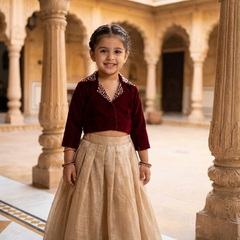 Girls Ethnic Wear - Maroon Velvet Pearl Work Choli with Gold Crush Lehenga & Floral Border
