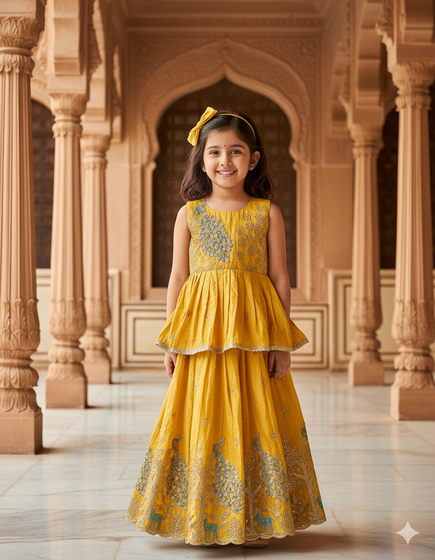 Effortless Embroidery Work Pure Gold crush Lehengha and Top for Kids