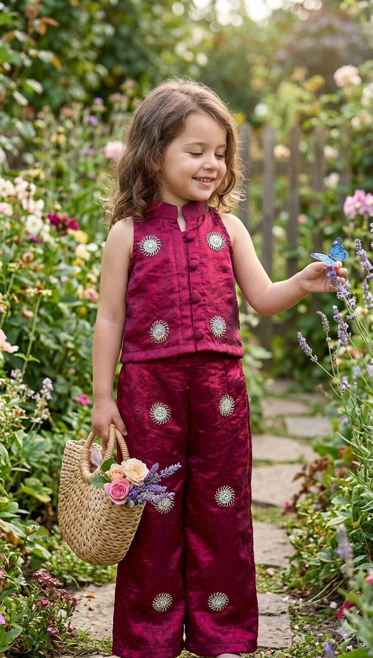 Girls' Sleeveless Wine Crushed Satin Co-ord Set