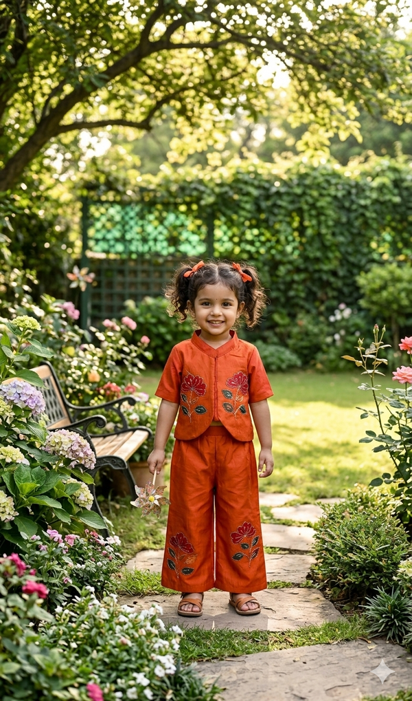 Zinnia Glow: Girls' Fancy Satin Hand-Embroidered Jacket & Trouser Set
