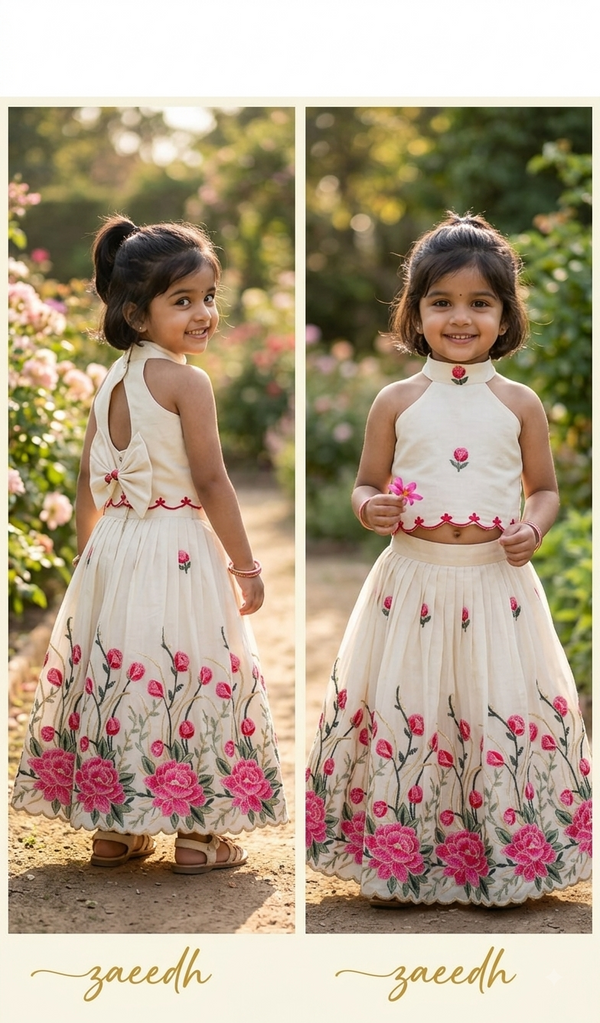 Girls Embroidered Ghagra Choli Set with Scalloped Border
