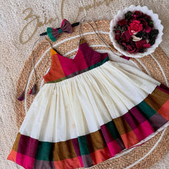 Madras Check Off-White Pleated Frock with Matching Hairband