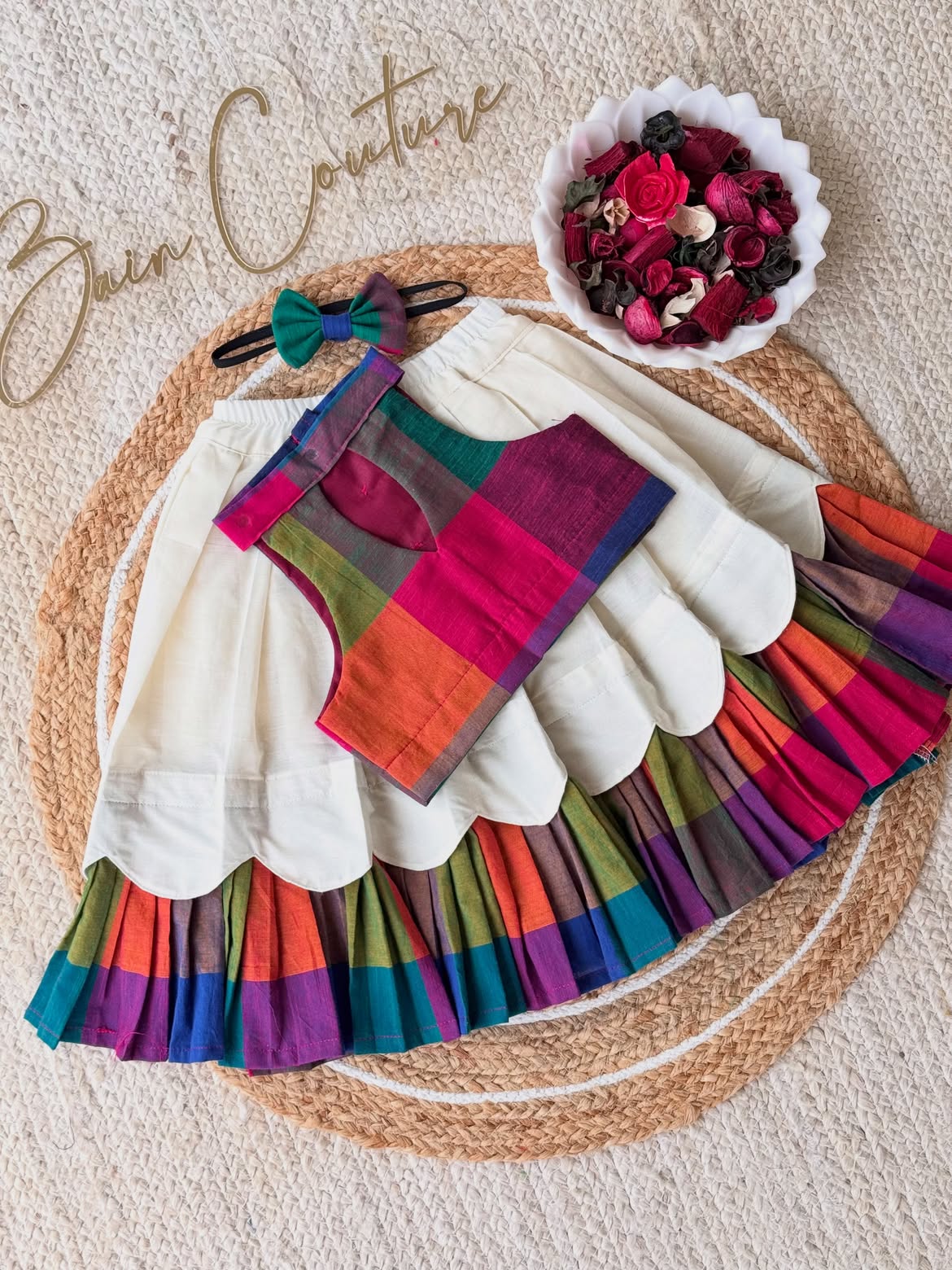 Multi-Color Madras Check Ethnic Skirt & Top Set with Matching Headband