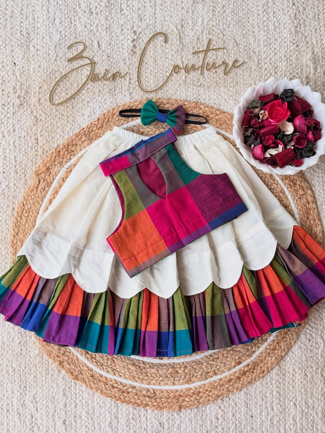 Multi-Color Madras Check Ethnic Skirt & Top Set with Matching Headband