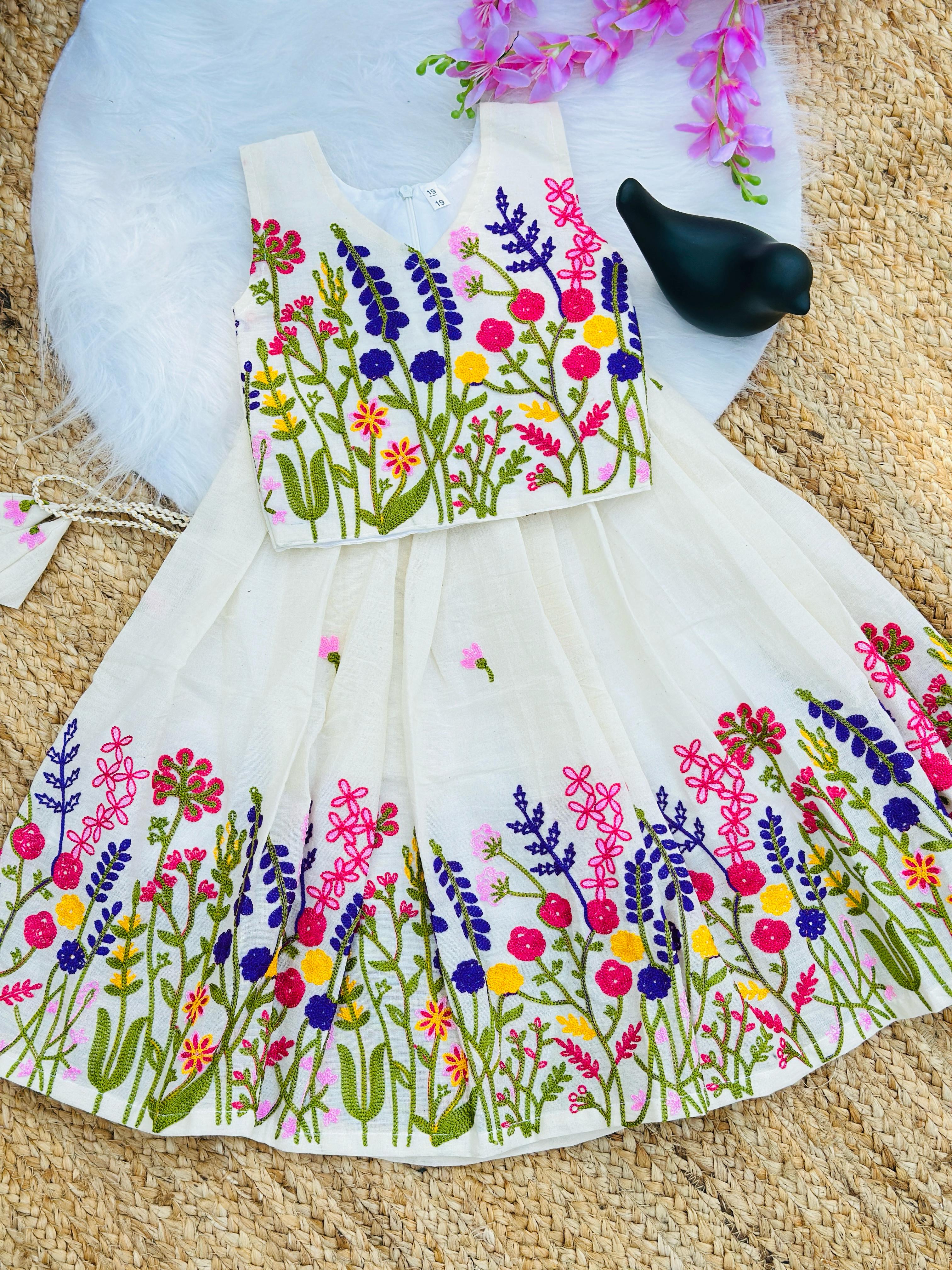 Innovative Flower Work Pure Kora Cotton Lehengha and Top for Kids