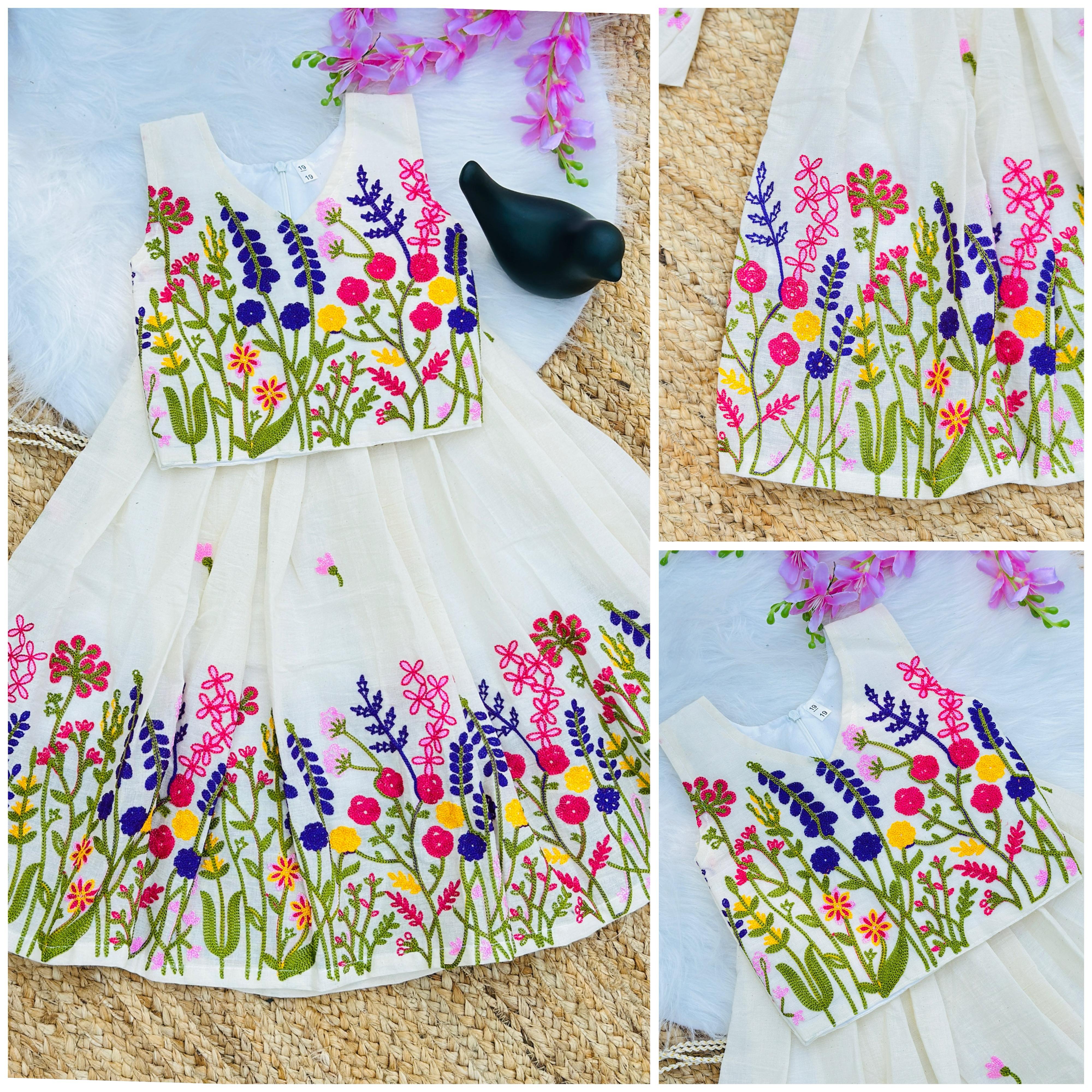 Innovative Flower Work Pure Kora Cotton Lehengha and Top for Kids