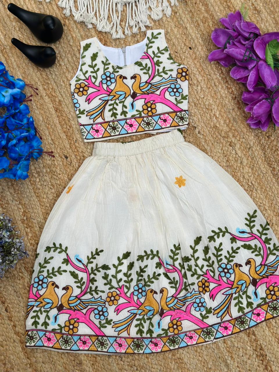 Beautiful Embroidered Kids Lehenga Choli Featuring Vibrant Bird And Floral Motifs