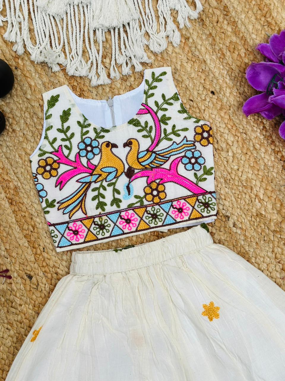 Beautiful Embroidered Kids Lehenga Choli Featuring Vibrant Bird And Floral Motifs
