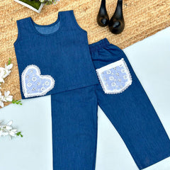 Girls Denim Co-ord Set with Lace Heart & Pocket