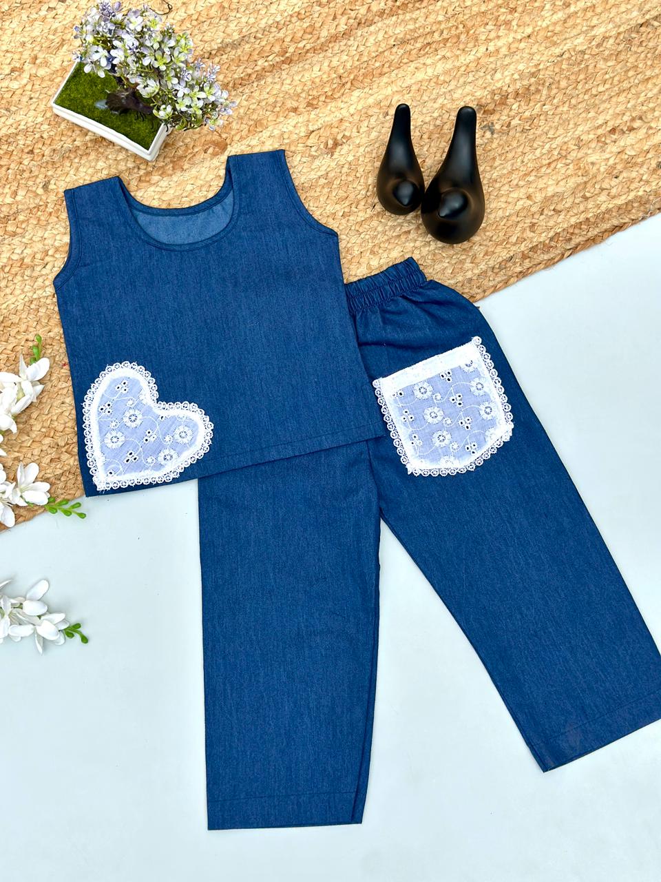 Girls Denim Co-ord Set with Lace Heart & Pocket