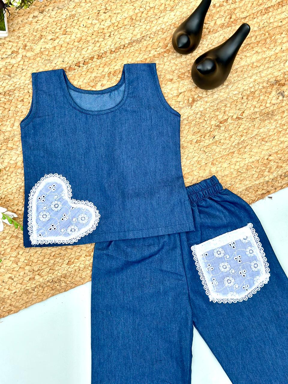 Girls Denim Co-ord Set with Lace Heart & Pocket