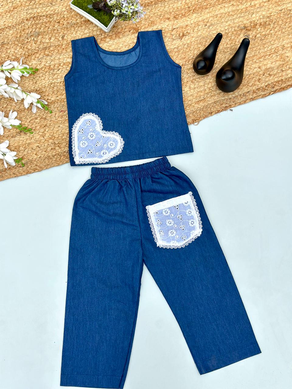 Girls Denim Co-ord Set with Lace Heart & Pocket