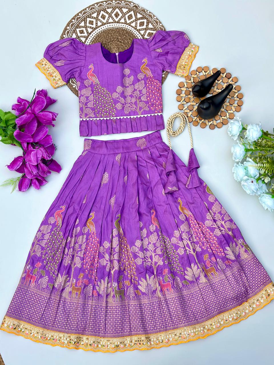 Royal Banarasi Peacock Design Kids Lehenga Choli Set