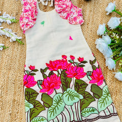 Girls Cotton Floral Dress with Lotus Print & Frill Sleeves