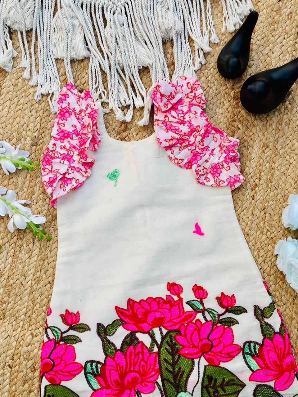 Girls Cotton Floral Dress with Lotus Print & Frill Sleeves