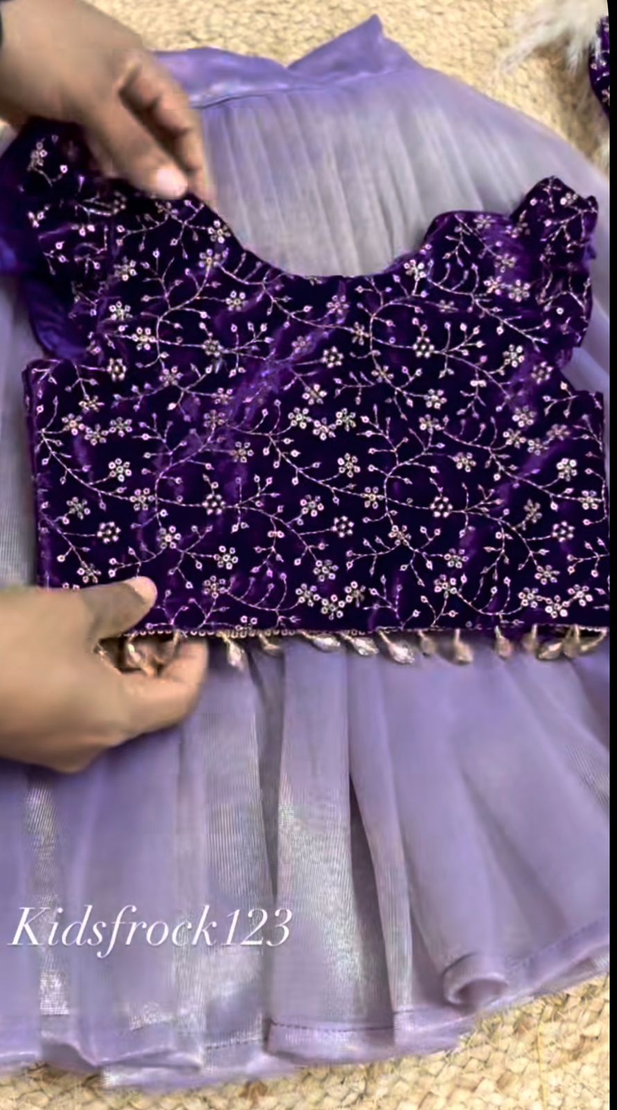 Festive Radiance: Girls' Purple Velvet Floral Sequinned Top & Lavender Twill Net Lehenga Set