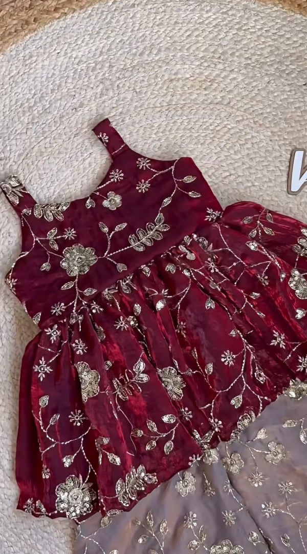 Regal Maroon & Gold: Designer Embroidered Gold Crush Plazzo Set