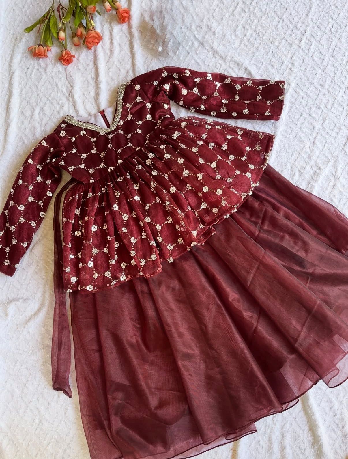 Girls' Regal Wine Twill Net Lehenga Choli Set with Geometric Pearl-Work Velvet Peplum Top
