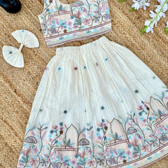 Girls' Off-White Lehenga Choli with Intricate Floral Embroidery