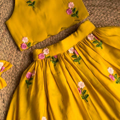 Girls' Yellow Lehenga Choli with Intricate Floral Embroidery