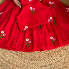 Girls' Red Lehenga Choli with Intricate Floral Embroidery