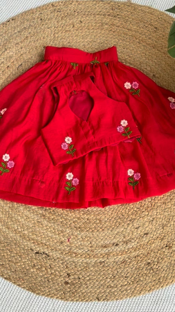 Girls' Red Lehenga Choli with Intricate Floral Embroidery