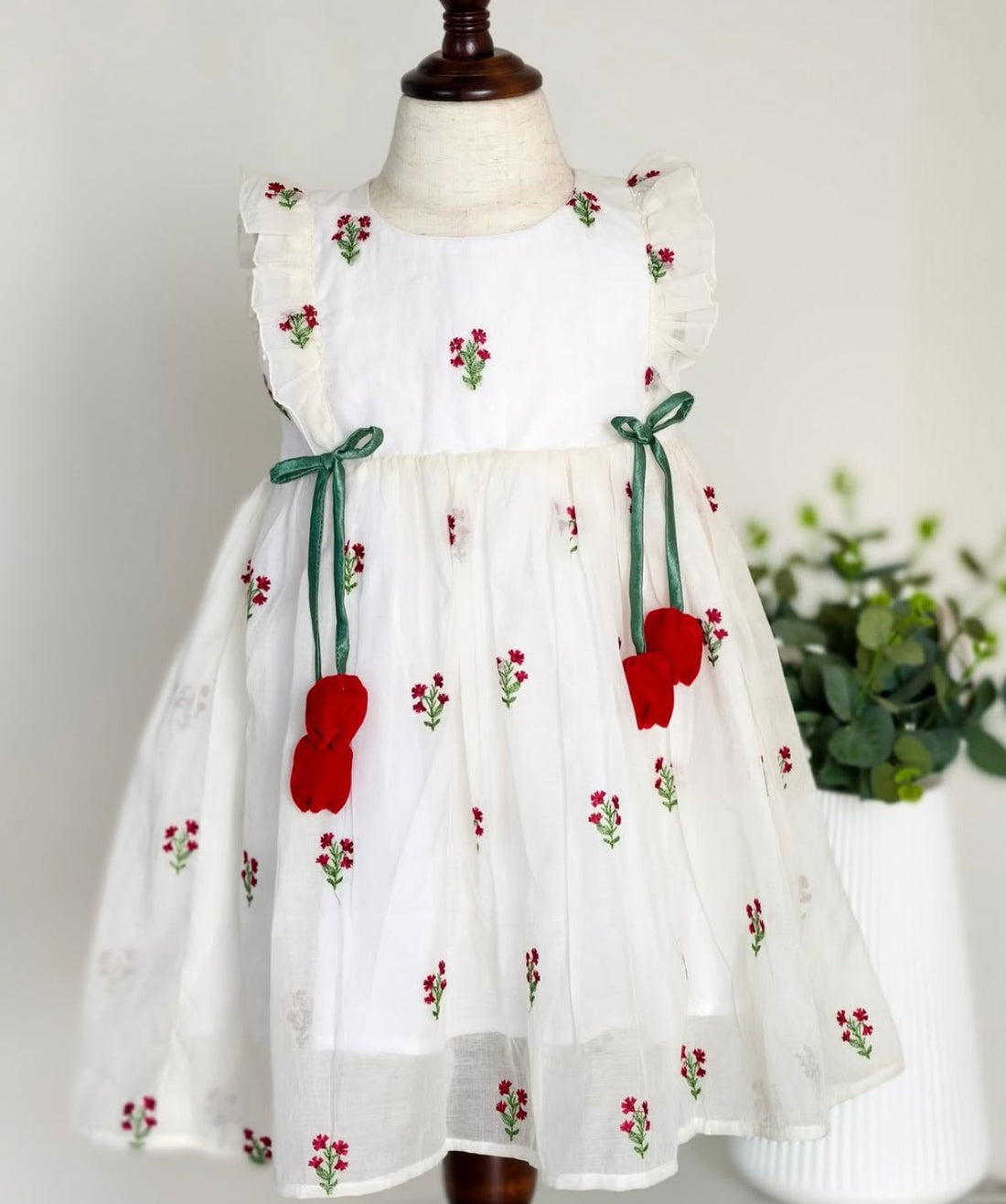 Premium White Chanderi Silk Floral Embroidered Girls Frock with Ruffle Sleeves