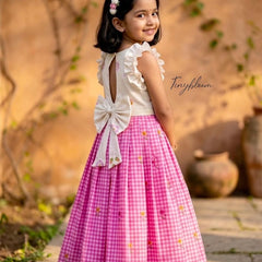 Premium Cotton Pink Checks Lehenga Choli with Ruffled Sleeves and Statement Back Bow
