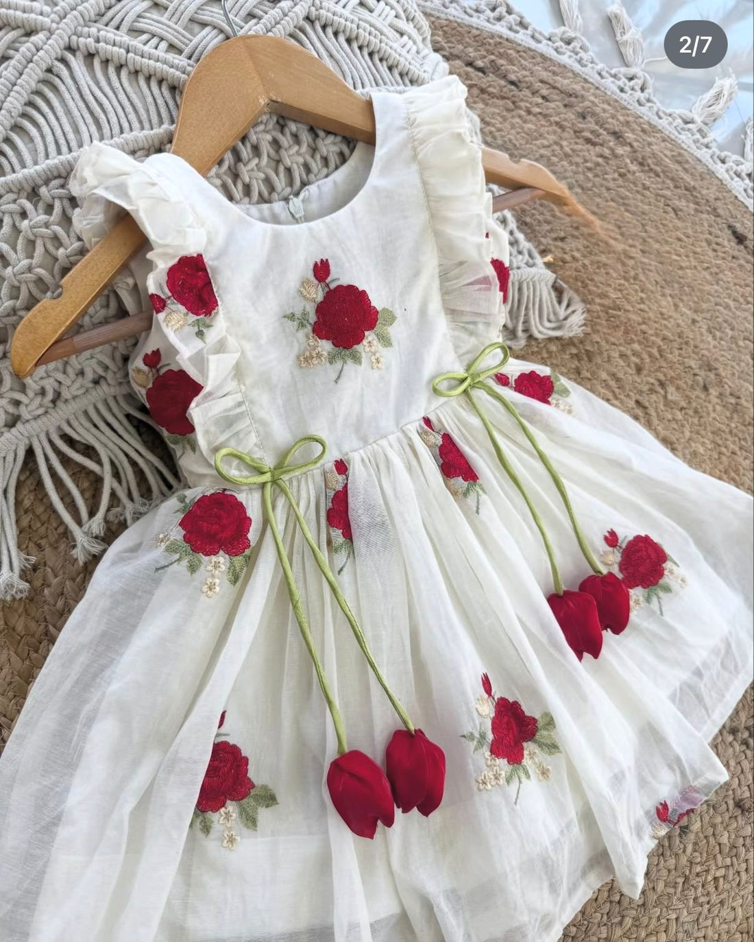 Elegant Rose Embroidered Mul Cotton Frock with Tulip Tassels