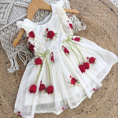 Elegant Rose Embroidered Mul Cotton Frock with Tulip Tassels