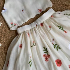 Girls Floral Embroidered Ethnic Crop Top and Skirt Set with Back Bow