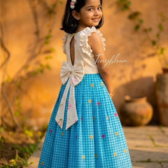 Girls Sky Blue Checked Lehenga Choli Set with Ruffled Blouse & Bow