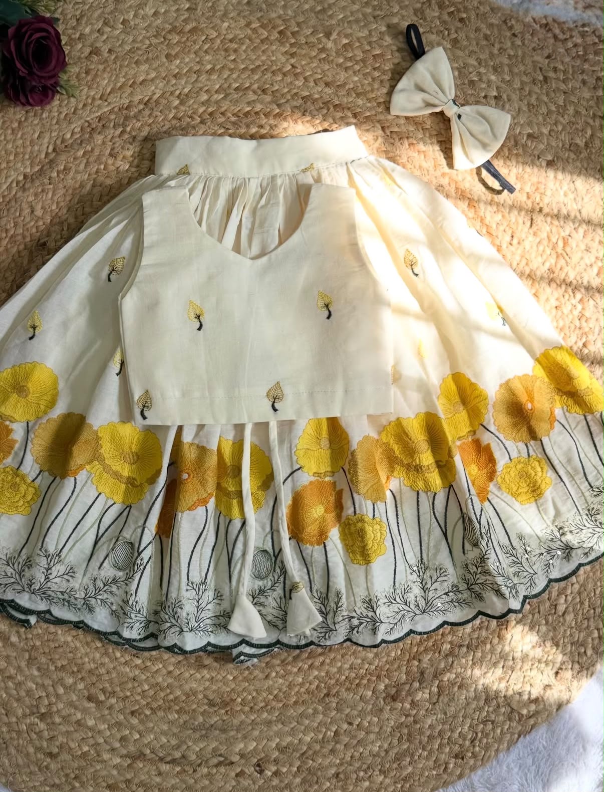 Girls Off-White Floral Embroidered Festive Lehenga Choli with Hairband