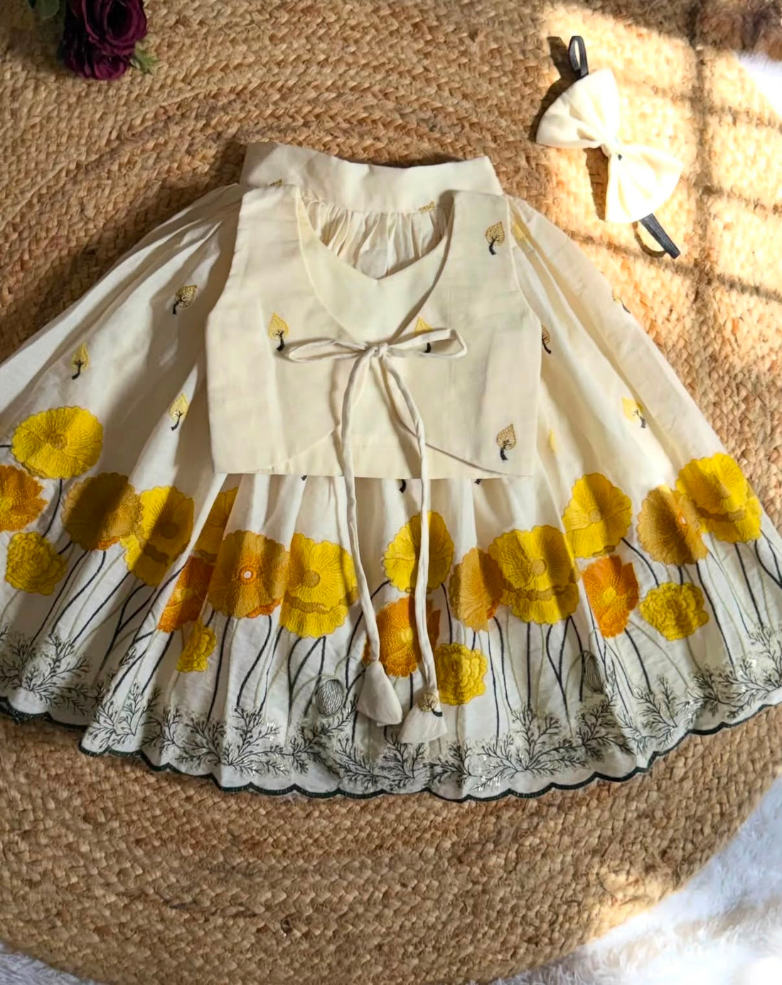 Girls Off-White Floral Embroidered Festive Lehenga Choli with Hairband