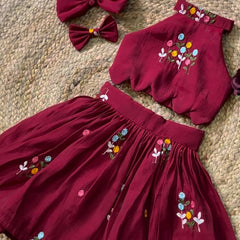 Maroon Floral Embroidered Crop Top & Pleated Skirt Set