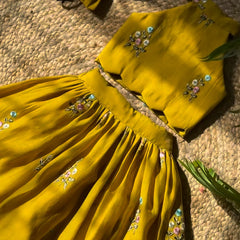 Yellow Floral Embroidered Crop Top & Pleated Skirt Set