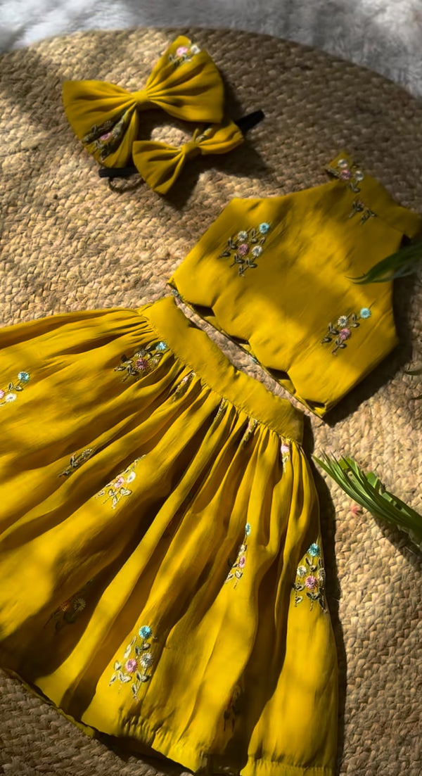 Yellow Floral Embroidered Crop Top & Pleated Skirt Set